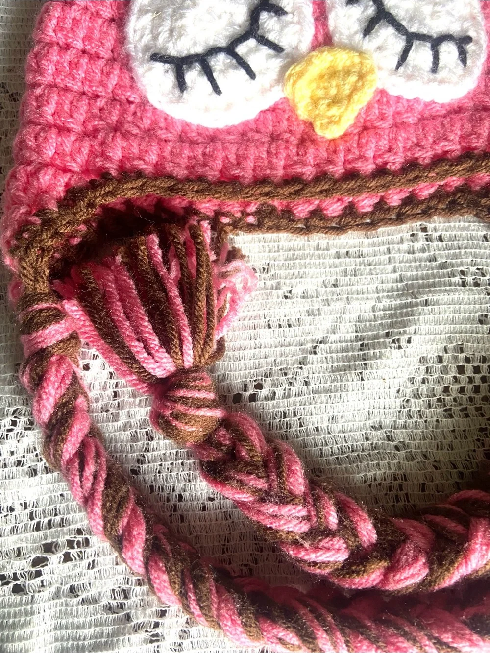 Pink Owl Earflap Beanie for Kids with Braided Tassels